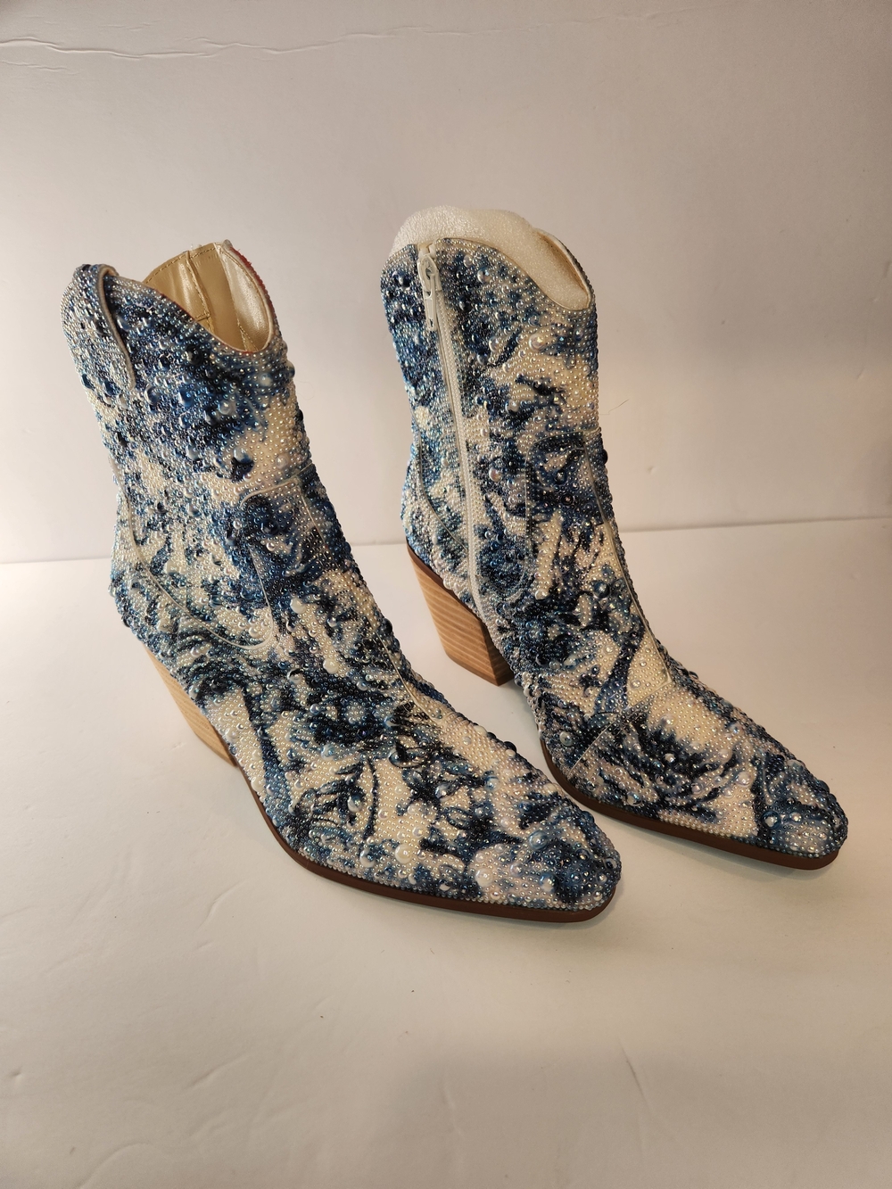 Betsey Johnson White and Blue Beaded Western Ankle Boots
